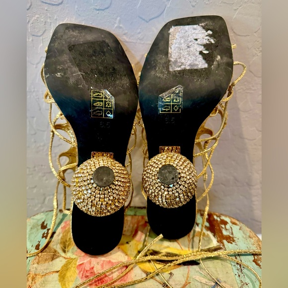 Jeffrey Campbell Le Freak Gold Metallic Tie up Sandal with Rhinestone Heel 6.5 - Picture 13 of 16